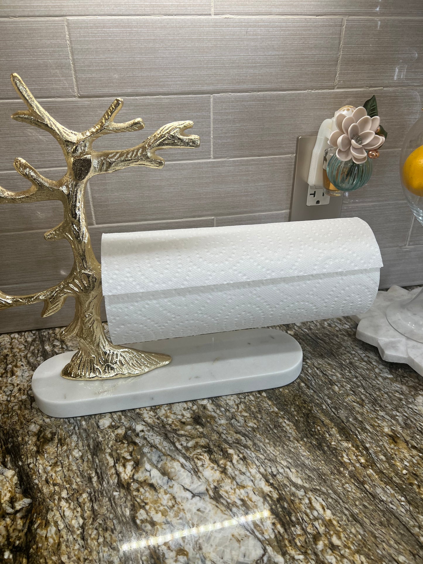 Kitchen Paper Towel Holder - Gold Tree Design with Marble Base